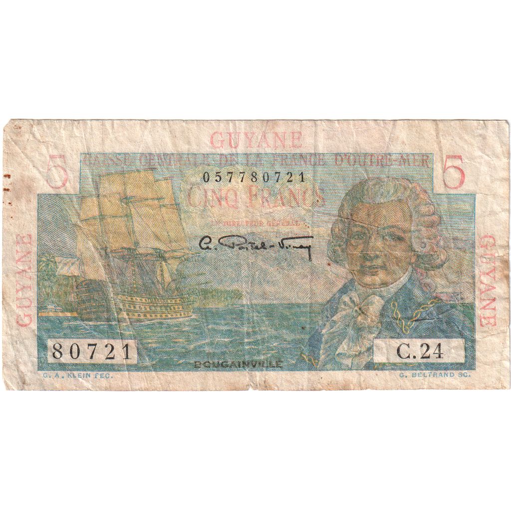 FRENCH GUIANA, 5 Francs, Undated (1947-49), KM:19a, F(12-15)