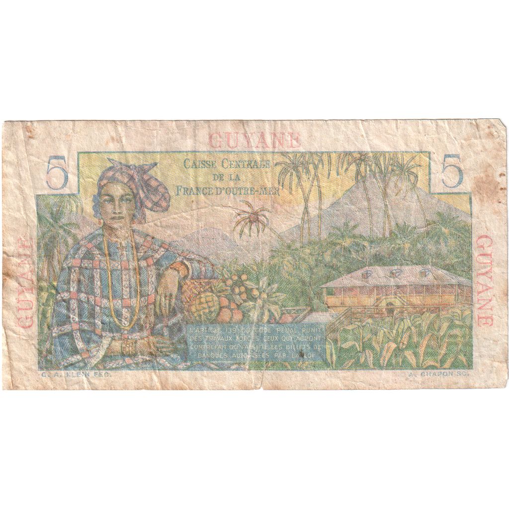 FRENCH GUIANA, 5 Francs, Undated (1947-49), KM:19a, F(12-15)