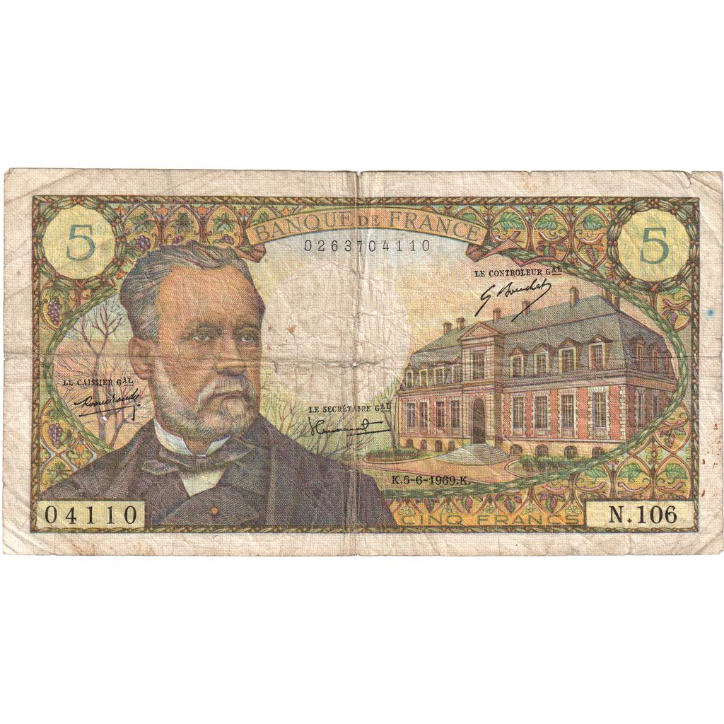 France, 5 Francs, Pasteur, 1969, N.106, B, Fayette:61.10, KM:146b