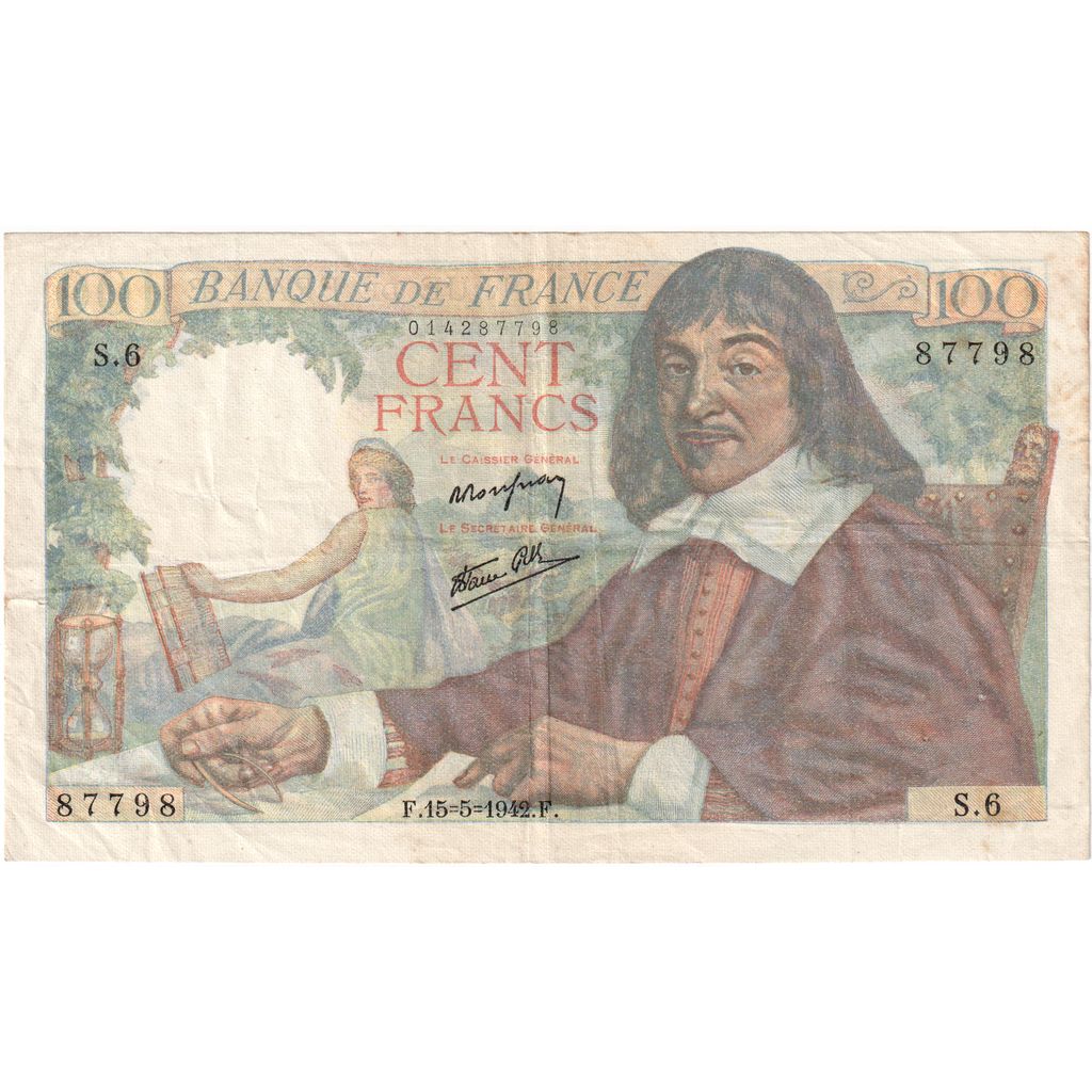 Francja, 100 Francs, Descartes, 1942, S.6, EF(40-45), Fayette:27.1, KM:101a