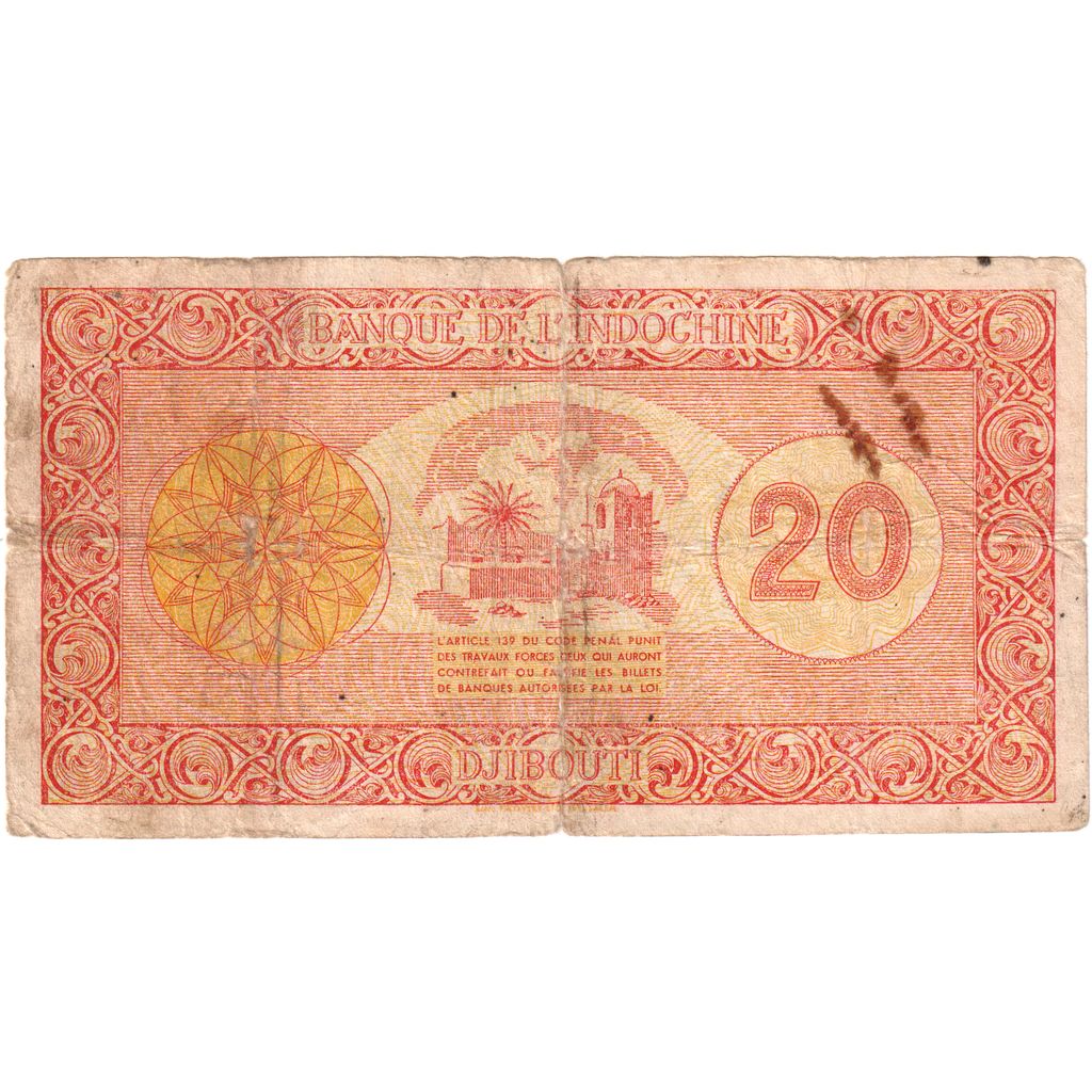 French Somaliland, 20 Francs, 1945, KM:15, VF(20-25)