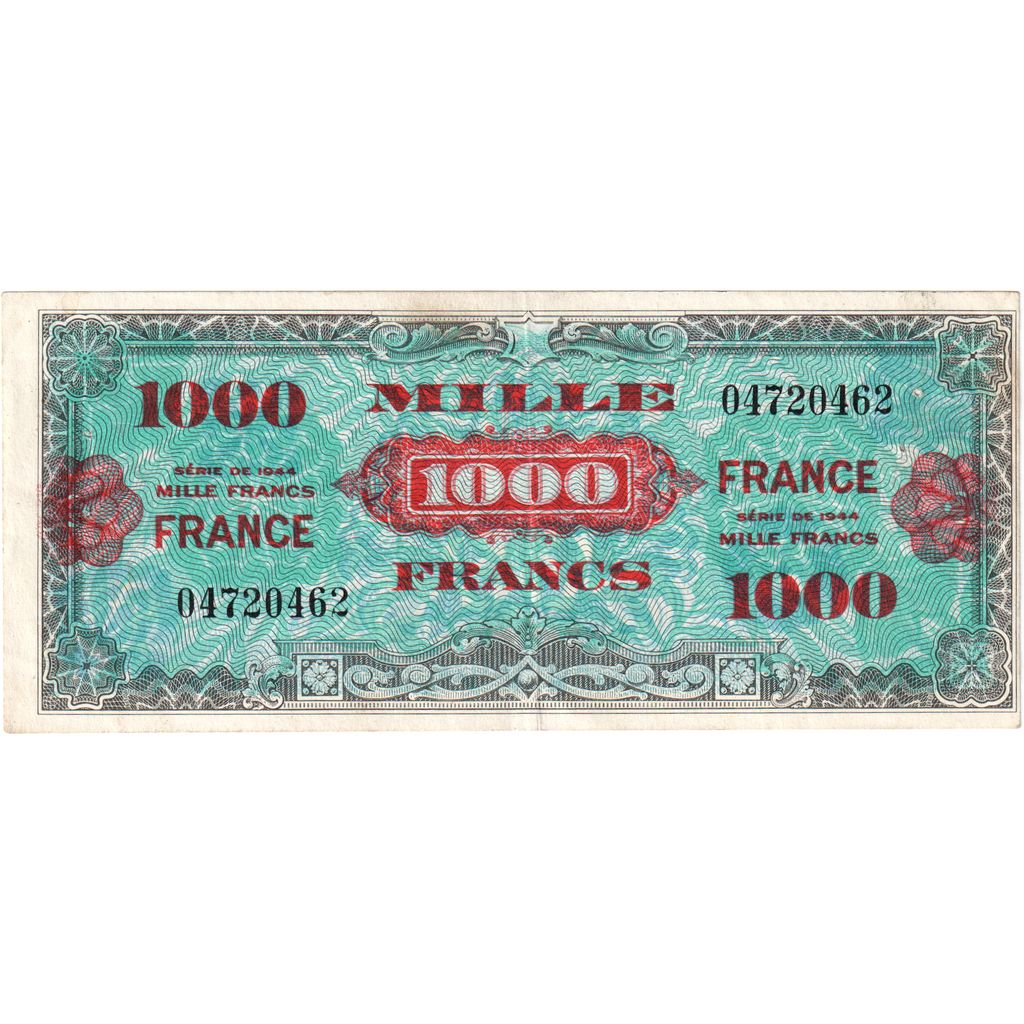 France, 1000 Francs, 1945 Verso France, 1944, 04720462, AU(55-58), Fayette:VF