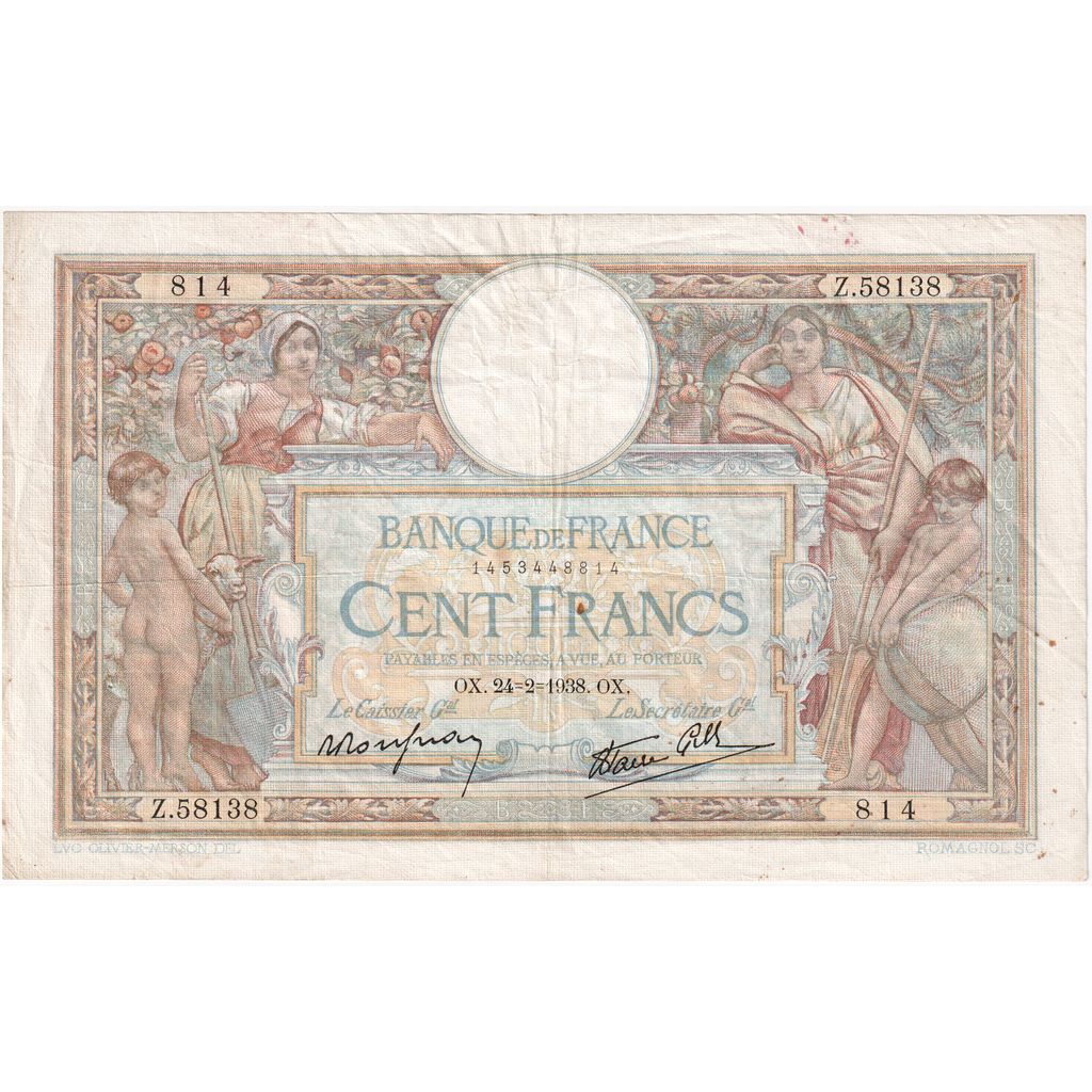 France, 100 Francs, Luc Olivier Merson, 1938, Z.58138, EF(40-45), Fayette:25.12