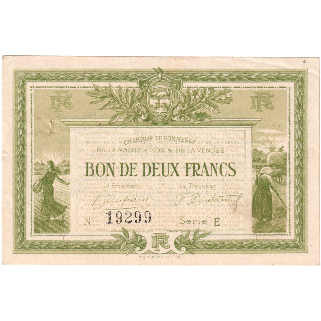 Francia, La Roche-sur-Yon, 2 Francs, 1915, Chambre de Commerce, BB+, Pirot:65-10