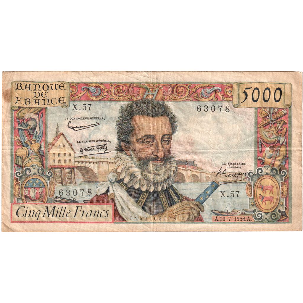 France, 5000 Francs, Henri IV, 1958-07-10, X.57, VF(30-35)