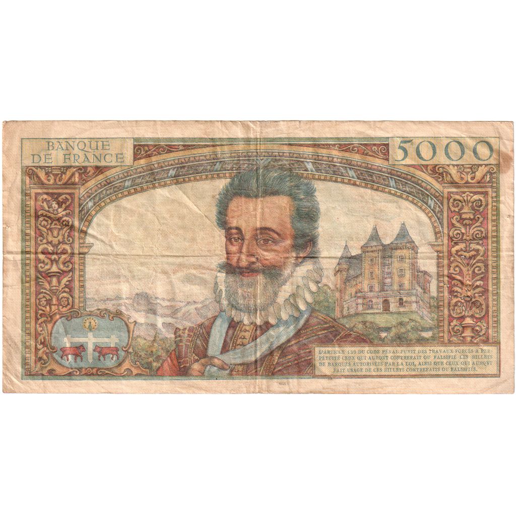 France, 5000 Francs, Henri IV, 1958-07-10, X.57, VF(30-35)