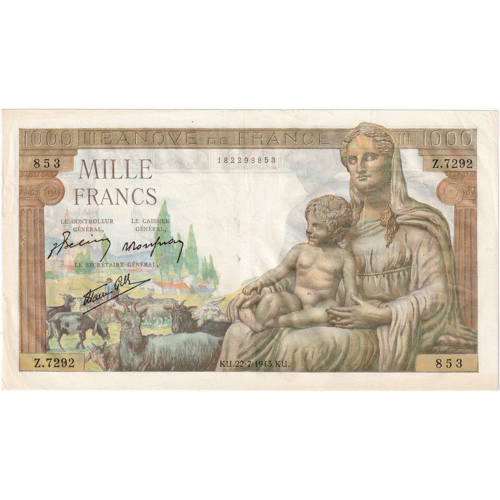França, 1000 Francs, Déesse Déméter, 1943-07-22, Z.7292, AU(50-53)