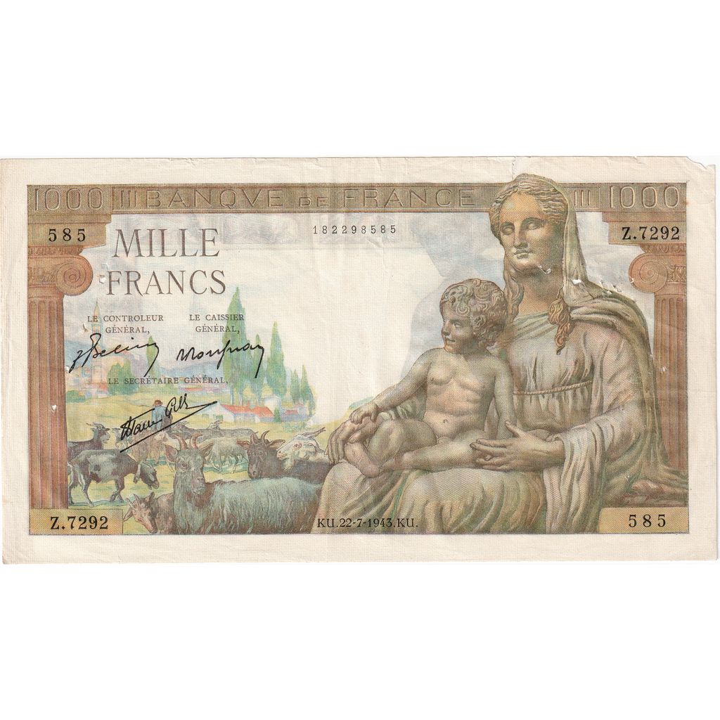 France, 1000 Francs, Déesse Déméter, 1943-07-22, Z.7292, B+