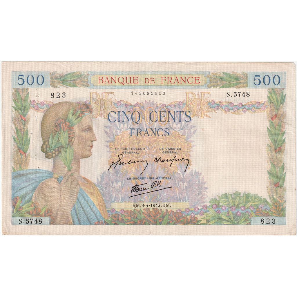 France, 500 Francs, La Paix, 1942-04-09, S.5748, EF(40-45)