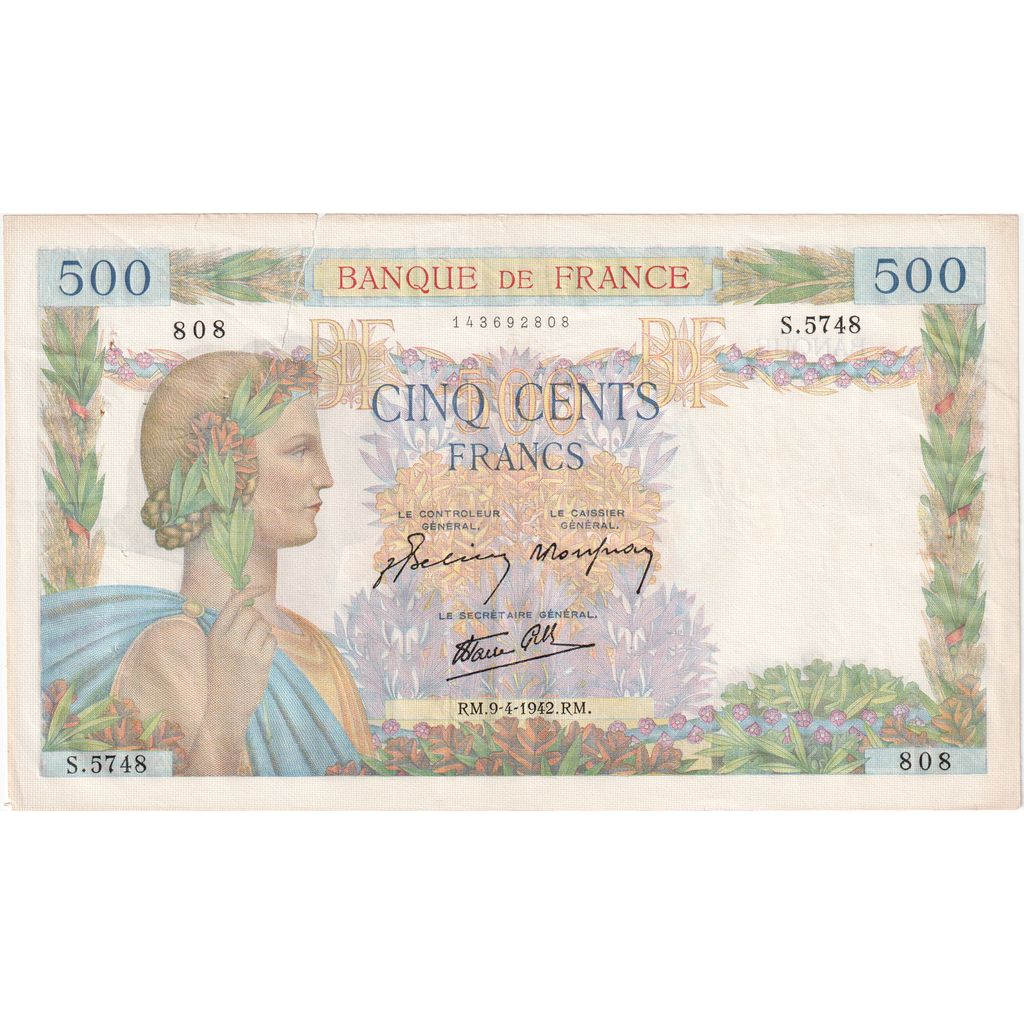 France, 500 Francs, La Paix, 1942-04-09, S.5748, VG(8-10)