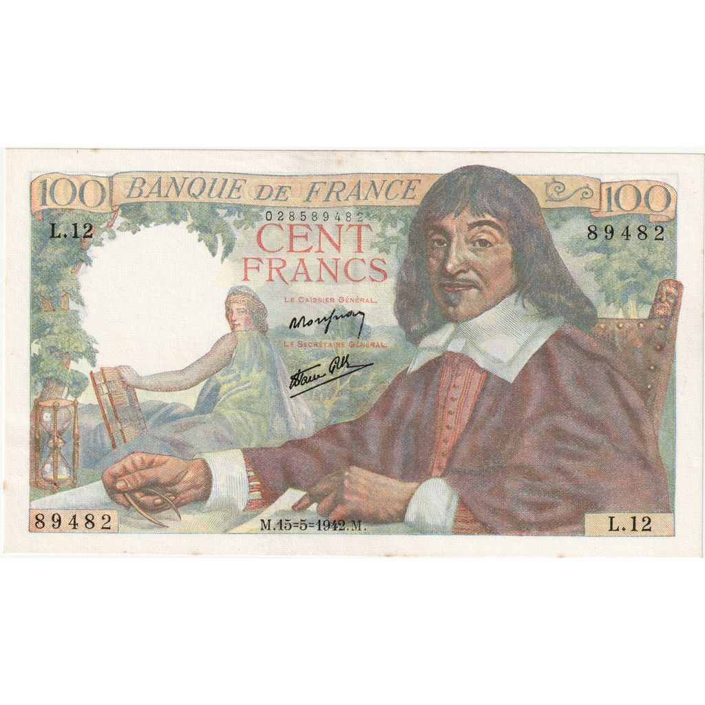 France, 100 Francs, Descartes, 1942-05-15, L.12, UNC(64)