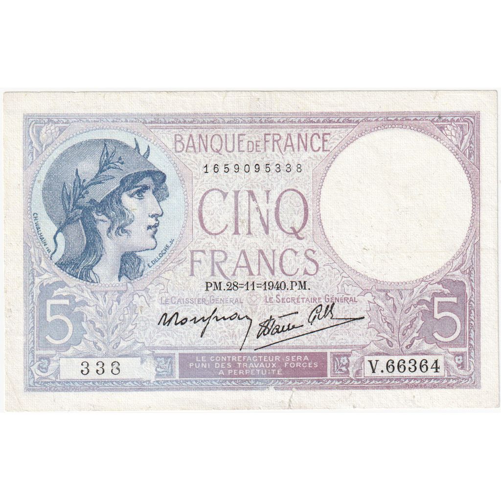 Francia, 5 Francs, Violet, 1940-11-28, V.66364, SPL-