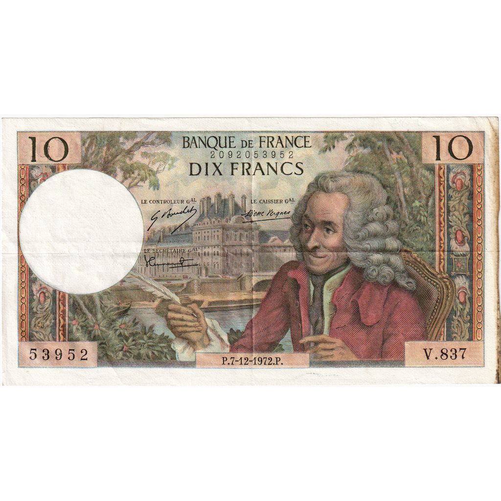 Frankreich, 10 Francs, Voltaire, 1972-12-07, V.837, S+