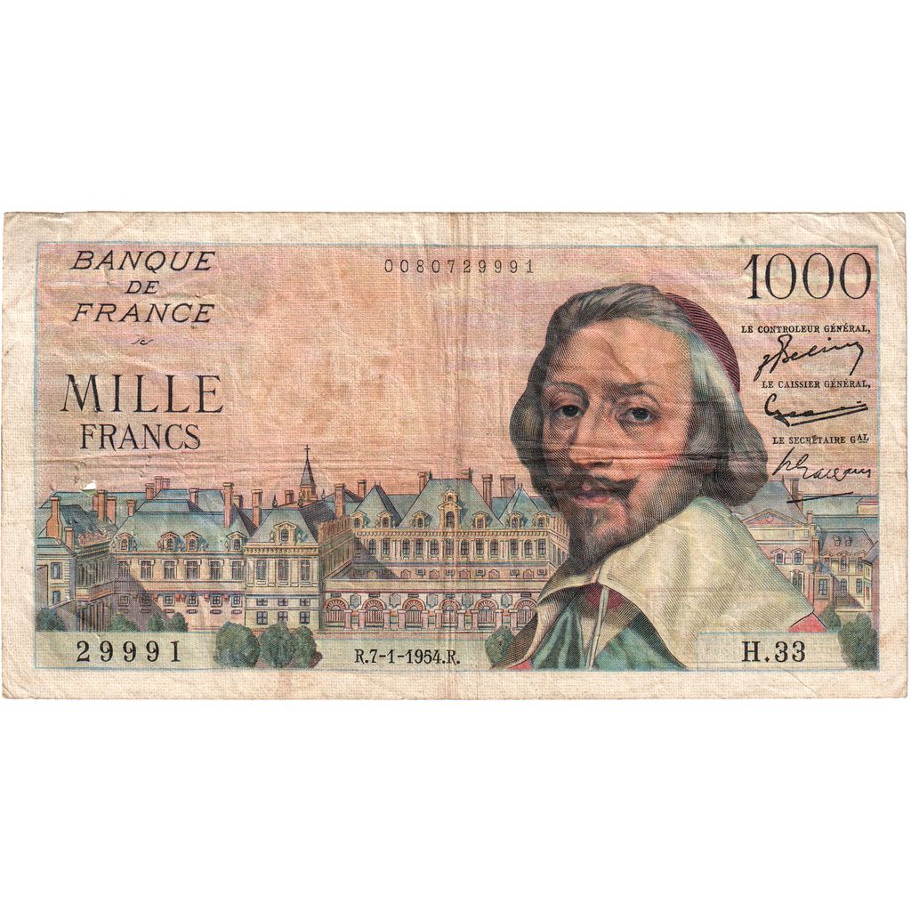 France, 1000 Francs, Richelieu, 1954-01-07, H.33, VF(20-25)