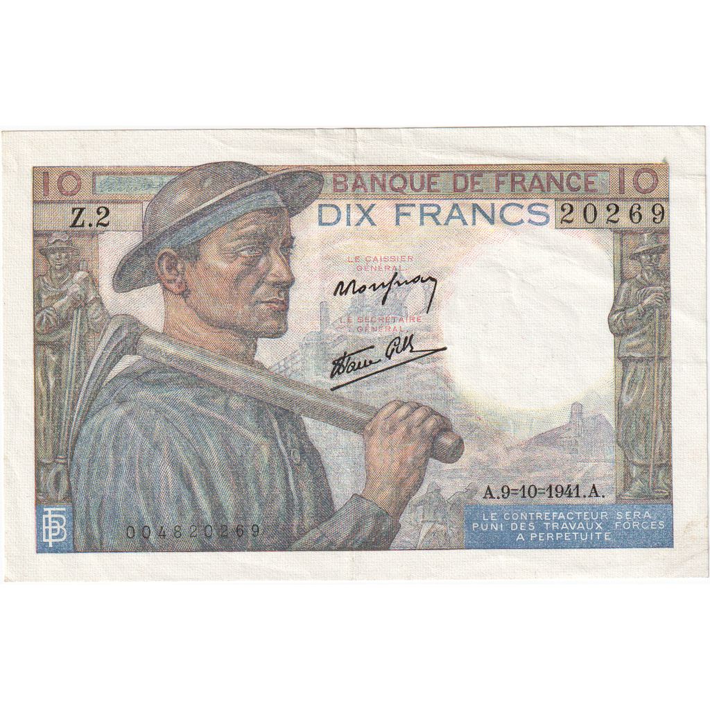 France, 10 Francs, Mineur, 1941-10-09, Z.2 20269, UNC(60-62)