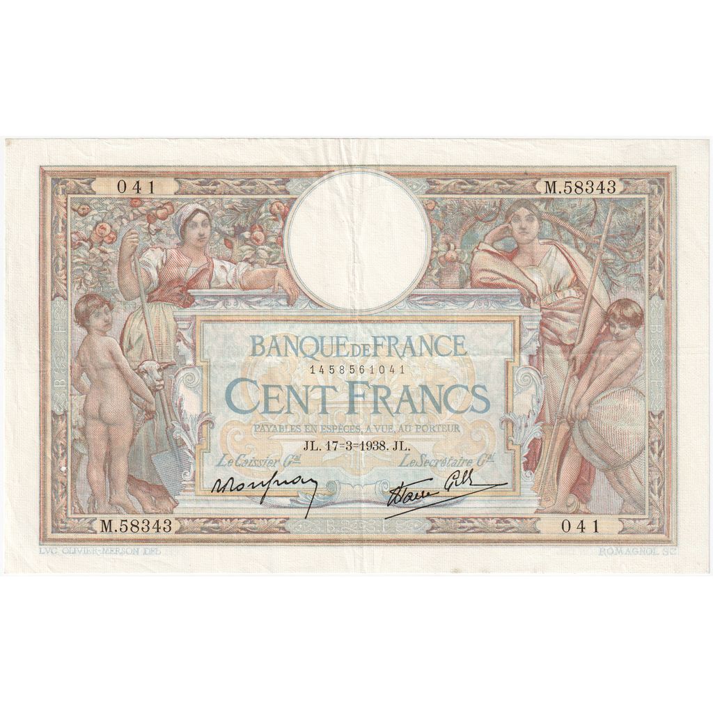 France, 100 Francs, Luc Olivier Merson, 1938-03-17, M.58343, TTB+