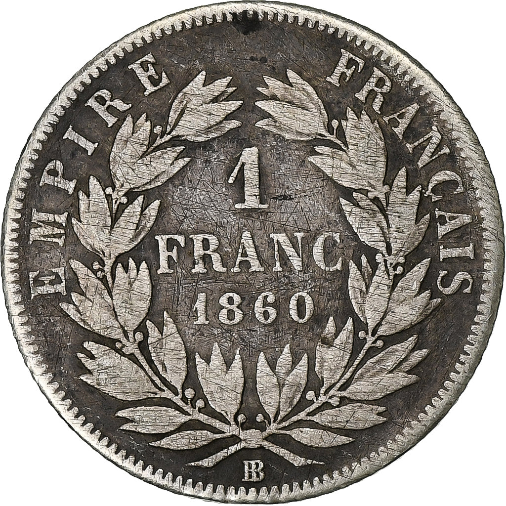 França, Napoleon III, Franc, 1860, Strasbourg, Prata, VF(30-35), KM:779.2