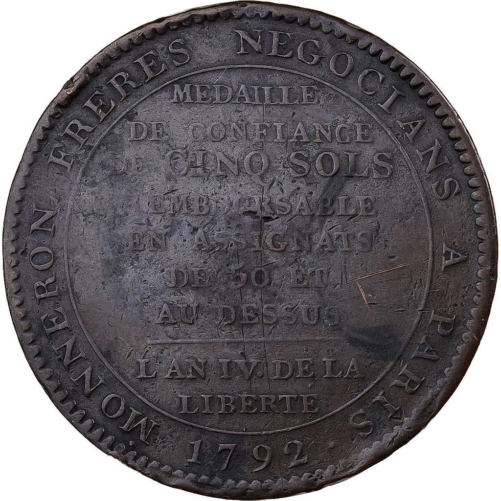 France, 5 Sols, 1792, Monneron, Bronze, TTB