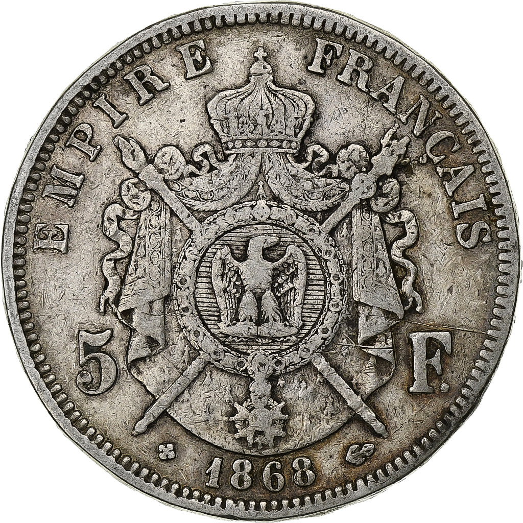 France, Napoleon III, 5 Francs, 1868, Strasbourg, Silver, EF(40-45), KM:799