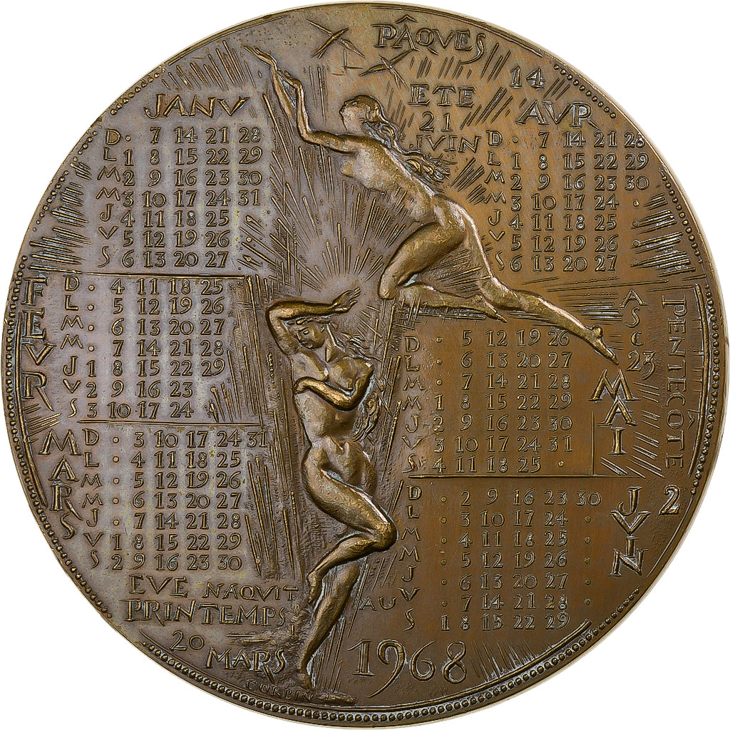 França, medalha, Calendrier, Adam et Eve, 1968, Bronze, Corbin, AU(50-53)