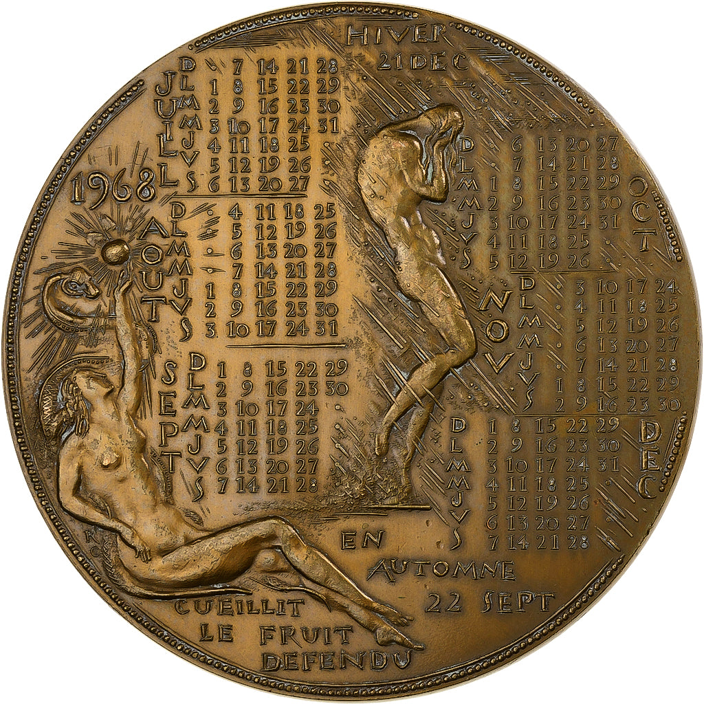 França, medalha, Calendrier, Adam et Eve, 1968, Bronze, Corbin, AU(50-53)