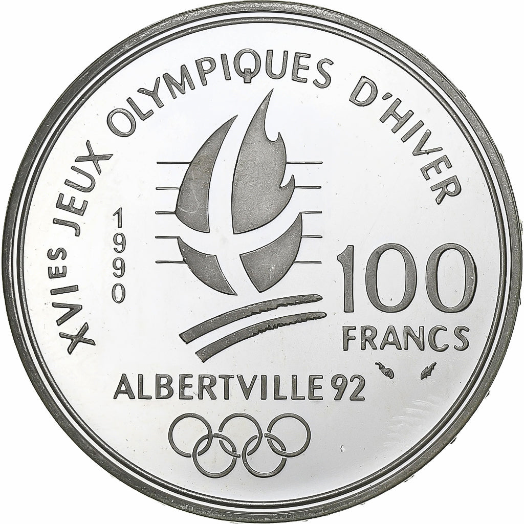 France, 100 Francs, Albertville - Slalom, 1990, MDP, Silver, AU(55-58), KM:984