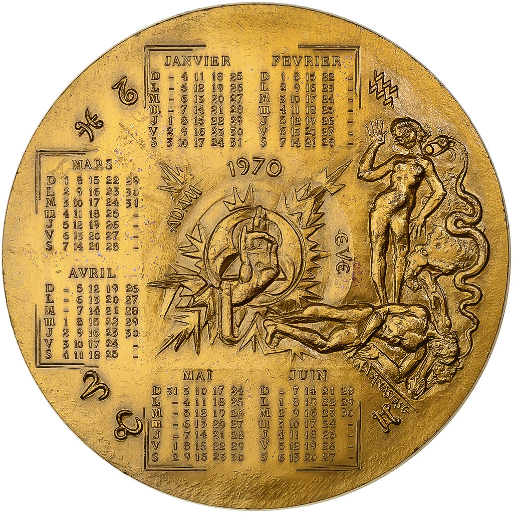 Frankrijk, Medaille, Calendrier, Signes du Zodiac, 1970, Bronzen, Anastase, PR