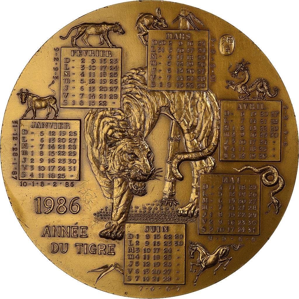 France, Médaille, Calendrier Chinois, Année du Tigre, 1986, Bronze Florentin
