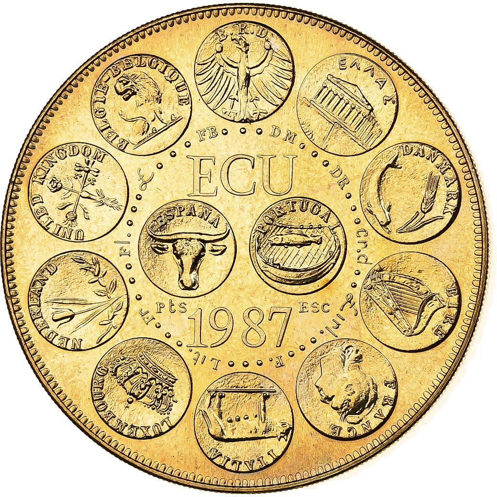 Francia, medalla, Ecu Europa, Marianne, 1987, Bronce dorado, Rodier, EBC+