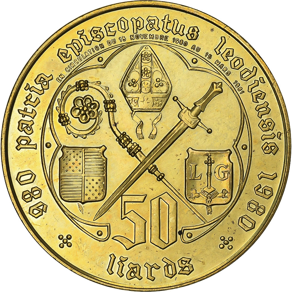 Bélgica, Token, 50 Liards, 1980, Aço Cromado a Latão, AU(55-58)