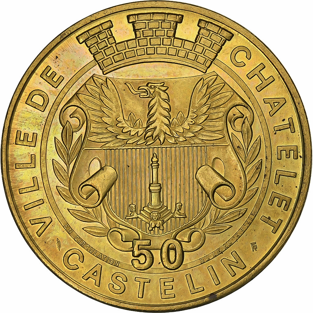 Bélgica, Token, 50 Castelin - Châtelet, 1982, Aço Cromado a Latão, MS(63)