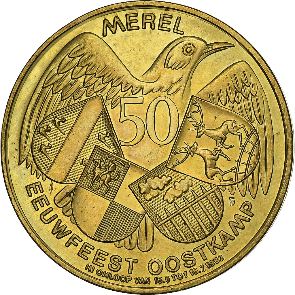Bélgica, Token, 50 Merel - Oostkamp, 1982, Aço Cromado a Latão, AU(55-58)