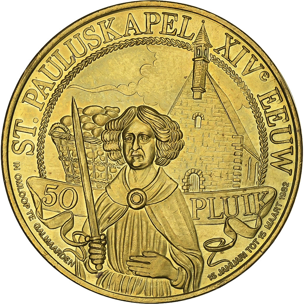 Belgio, ficha, 50 Pluik - Galmaarden, 1982, Acciaio placcato ottone, SPL-