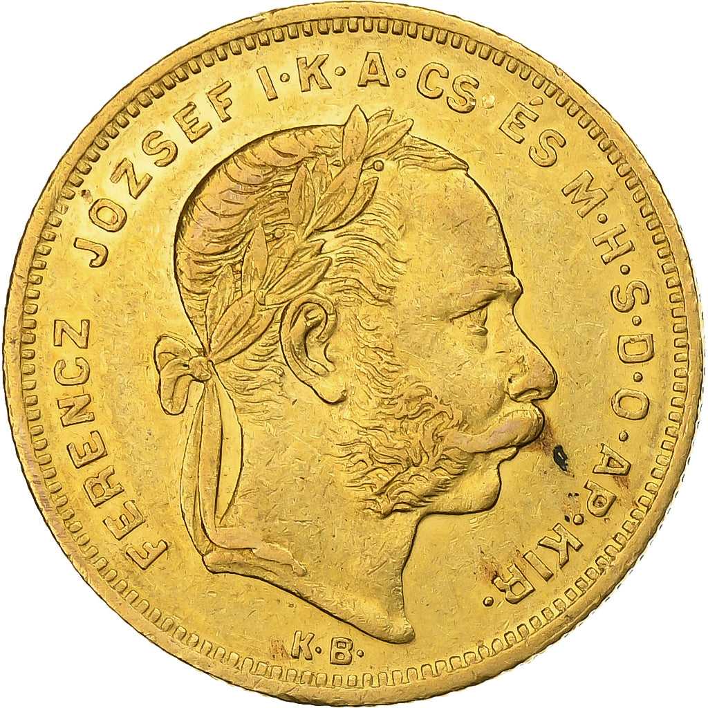 Hongarije, Franz Joseph I, 8 Florins-20 Francs, 1877, Kremnica, Goud, PR, KM:455