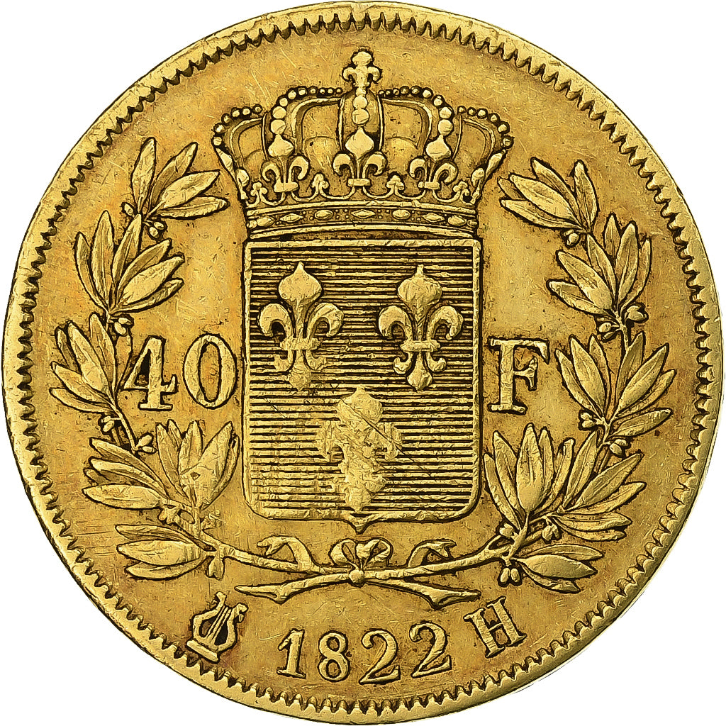 France, Louis XVIII, 40 Francs, 1822, La Rochelle, Or, TTB, KM:713