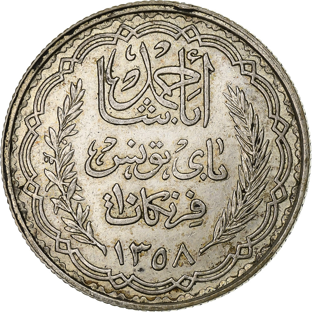 Túnez, French protectorate, Ahmad Pasha Bey, 10 Francs, AH 1358/1939, Paris