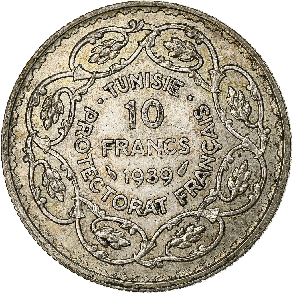 Túnez, French protectorate, Ahmad Pasha Bey, 10 Francs, AH 1358/1939, Paris