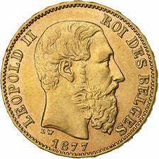 Belgia, Leopold II, 20 Francs, 1877, Brussels, Złoto, AU(55-58), KM:37