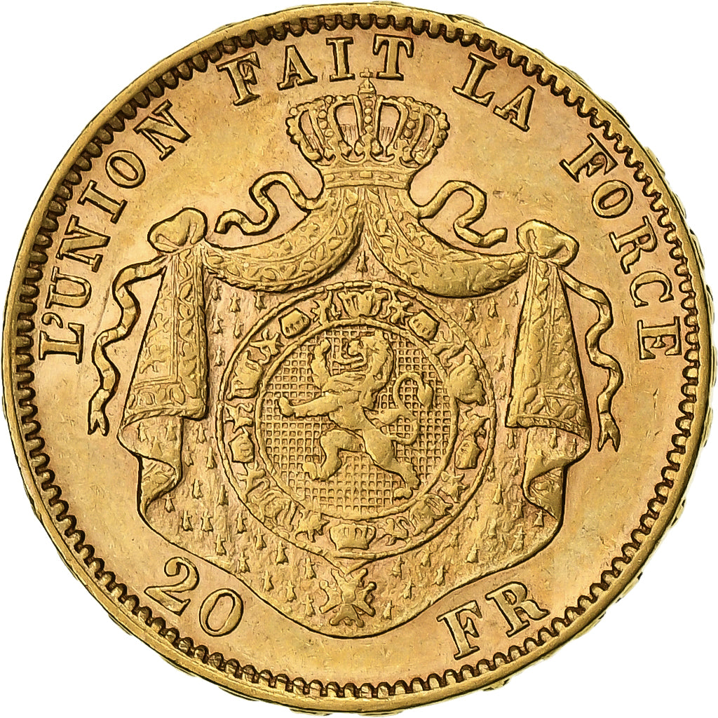 Belgia, Leopold II, 20 Francs, 1877, Brussels, Złoto, AU(55-58), KM:37