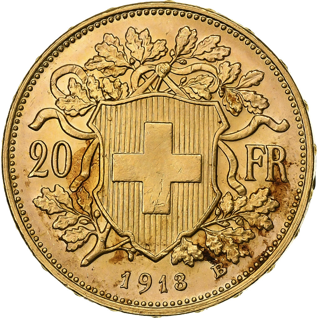 Svizzera, 20 Francs, Helvetia, 1913, Bern, Oro, BB+, KM:35.1