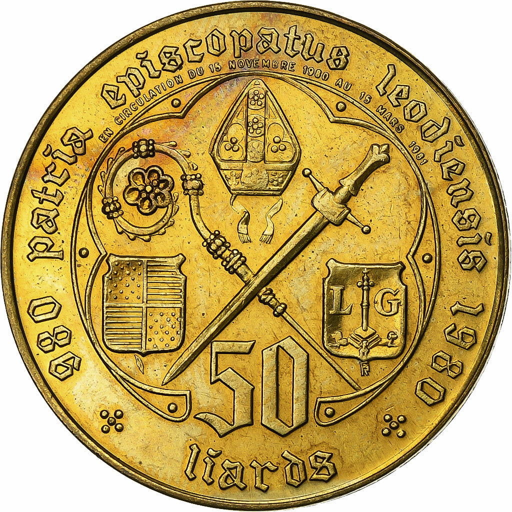 Belgien, 50 Liards - Couvin, 1980, Brass plated steel, SS