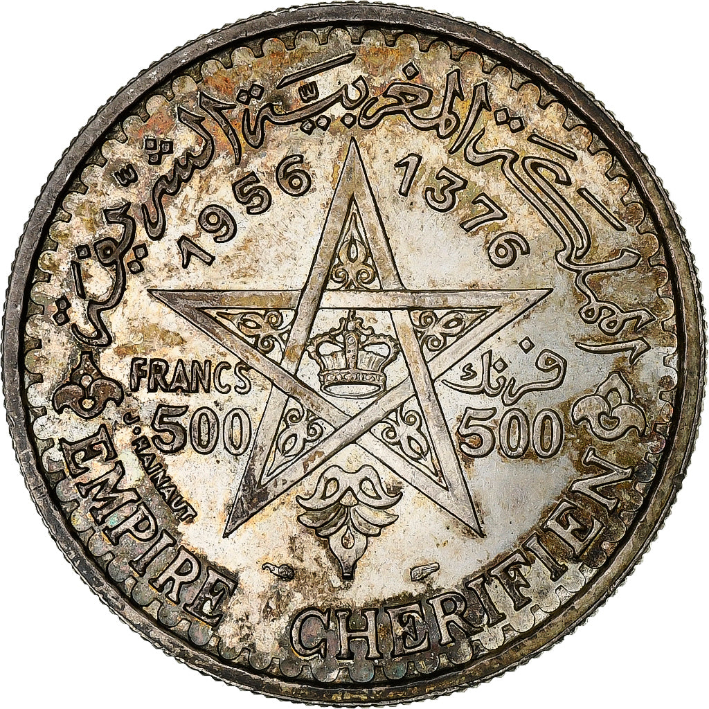 Morocco, Mohammed V, 500 Francs, 1956/AH1376, Silver, AU(50-53)
