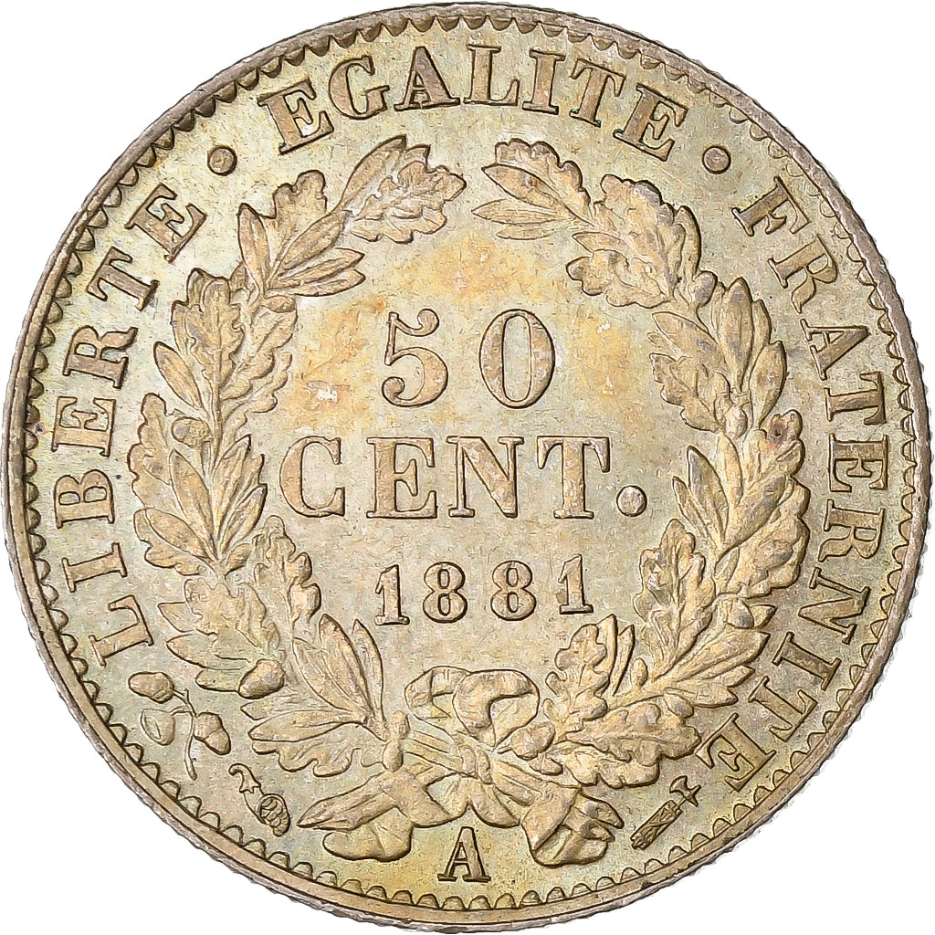 Francja, 50 Centimes, Cérès, 1881, Paris, Srebro, AU(55-58), Gadoury:419a
