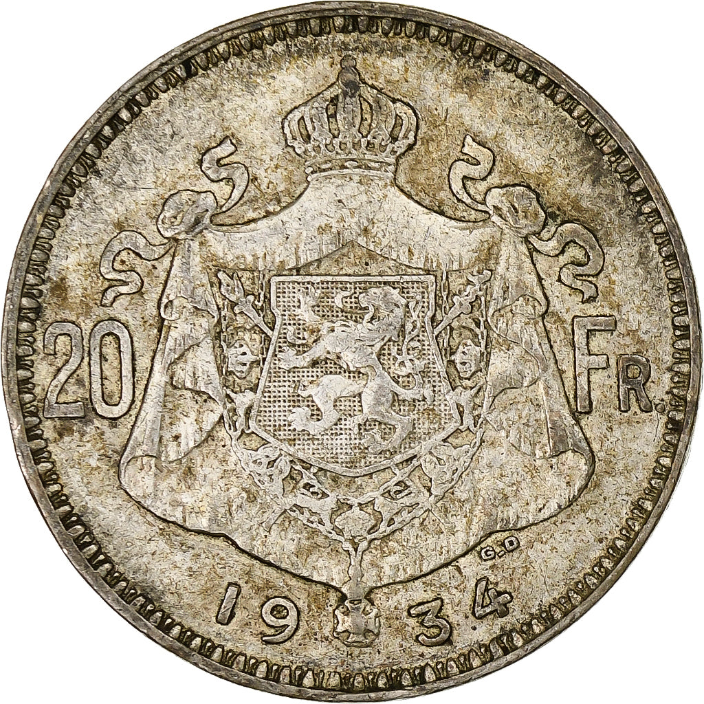 Belgium, Albert I, 20 Francs, 1934, Silver, EF(40-45), KM:104