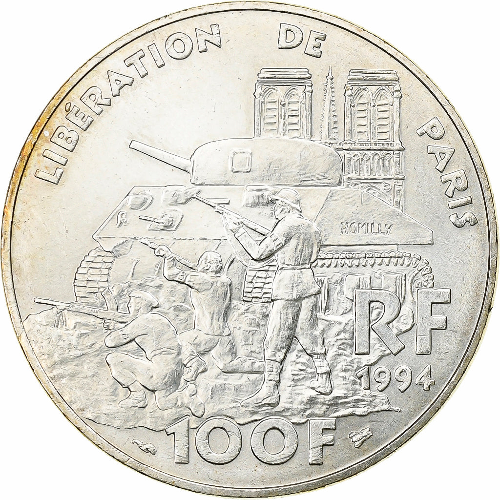 France, 100 Francs, Libération de Paris, 1994, Silver, AU(50-53), KM:1045.1