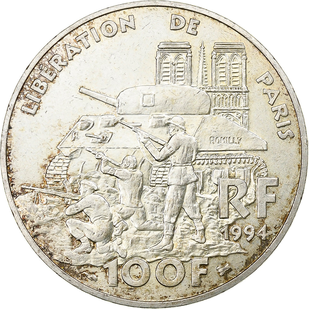 France, 100 Francs, Libération de Paris, 1994, Silver, AU(50-53), KM:1045.1