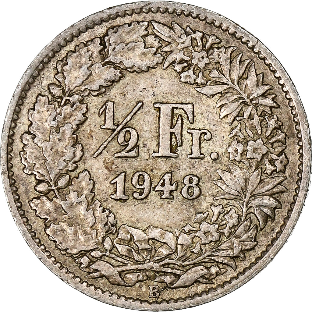 Szwajcaria, 1/2 Franc, Helvetia, 1948, Bern, Srebro, AU(55-58), KM:23