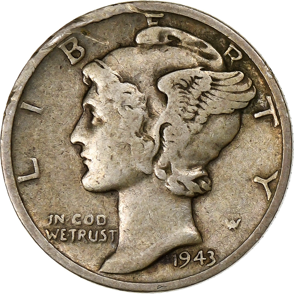 USA, Dime, Mercury, 1943, Denver, Srebro, EF(40-45), KM:140