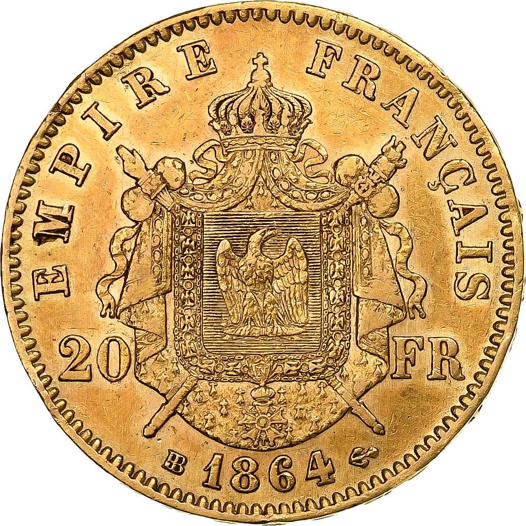Francja, Napoleon III, 20 Francs, 1864, Strasbourg, Złoto, EF(40-45), KM:801