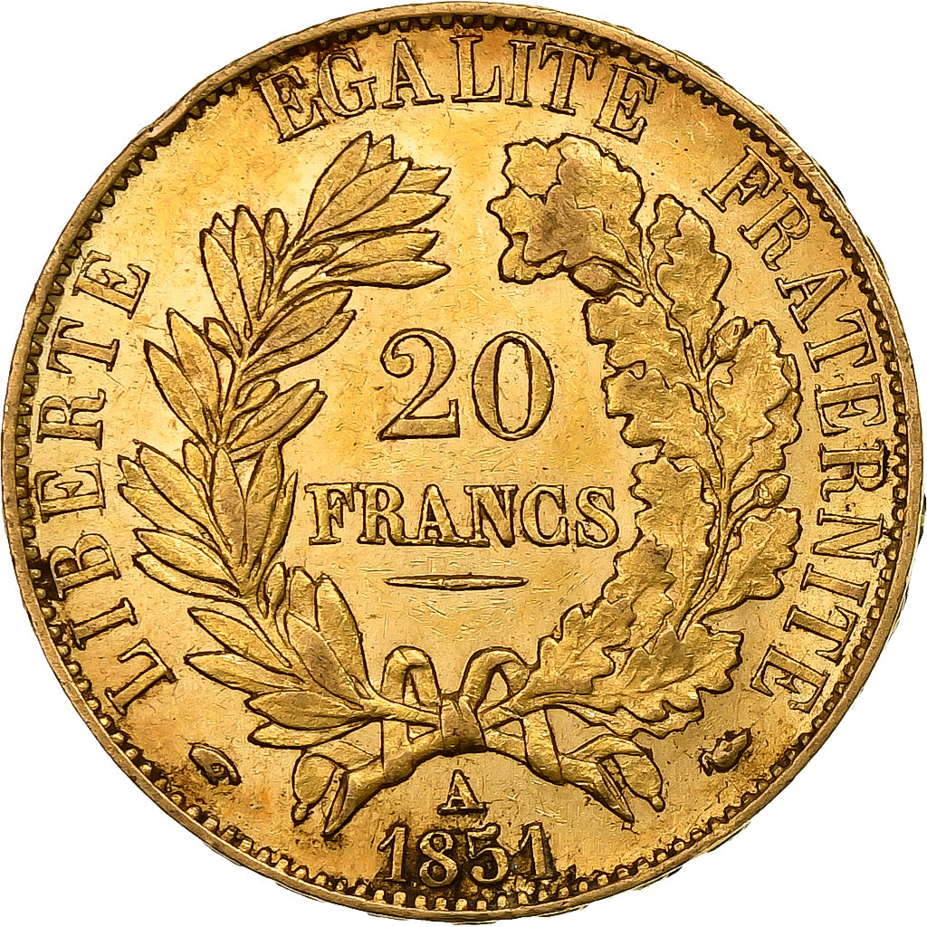 Francja, 20 Francs, Cérès, 1851, Paris, Złoto, EF(40-45), KM:762